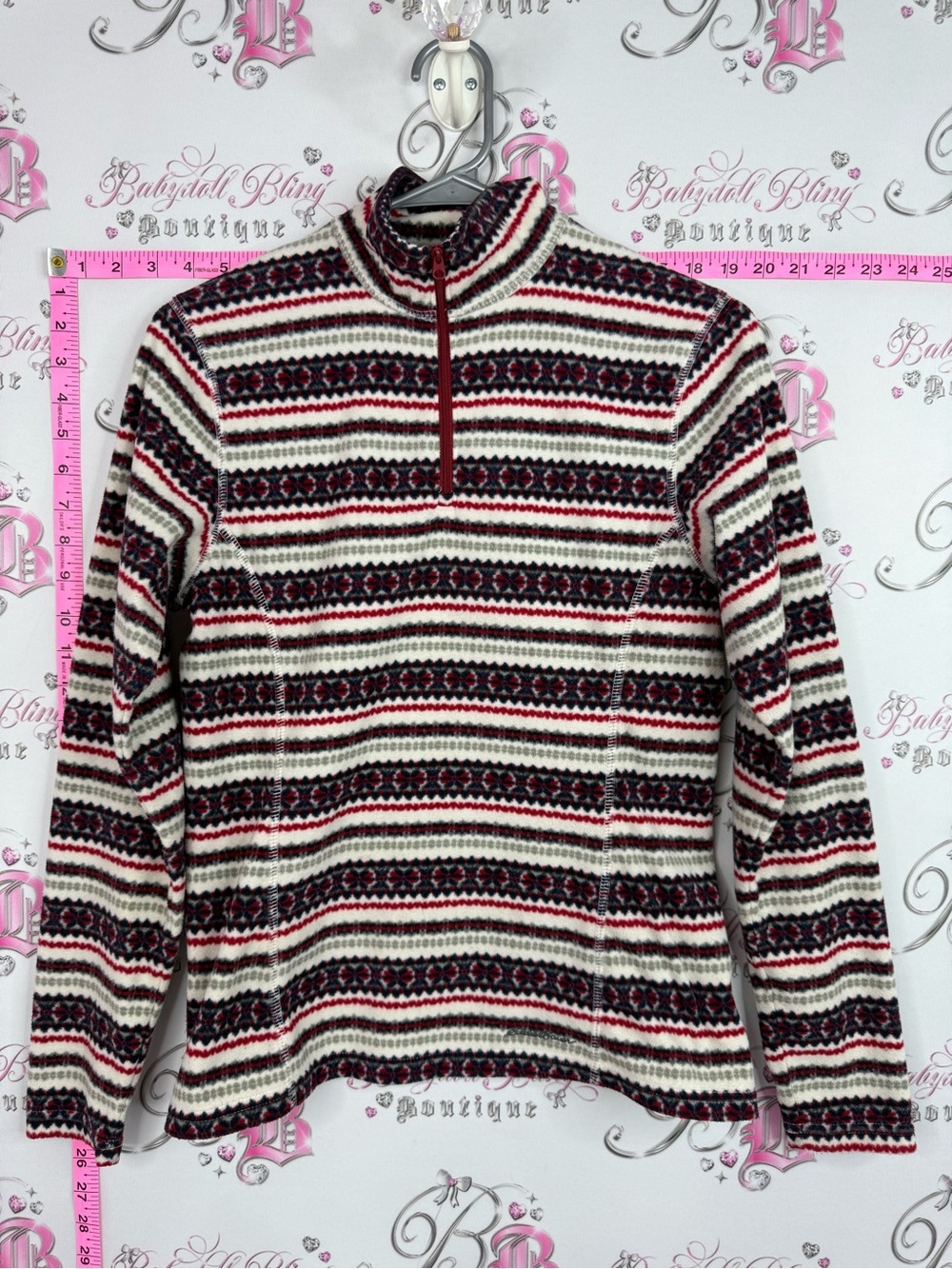 Eddie Bauer fleece sweater Red Black Cream Striped Fair Isle Half-Zip Sweater
